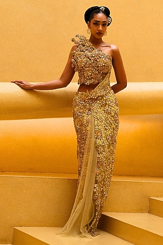 Cocoon & Yellow Shimmer Net Structured Draped Skirt Saree Set by MOLEDRO