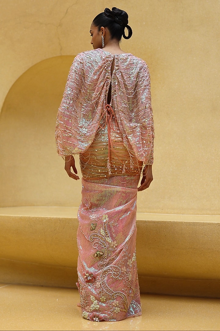 Peach Sequins Net Draped Skirt Set by MOLEDRO at Pernia's Pop Up Shop