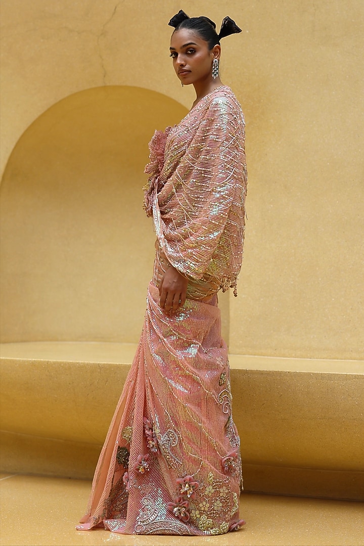Peach Sequins Net Draped Skirt Set by MOLEDRO at Pernia's Pop Up Shop