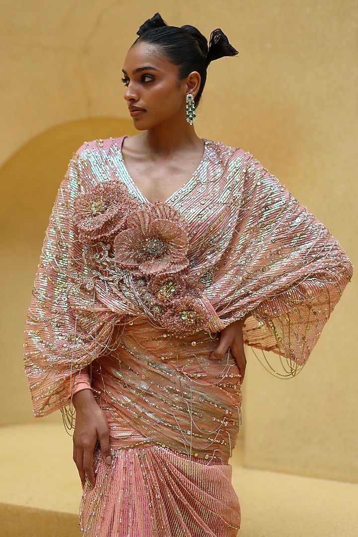 Peach Sequins Net Draped Skirt Set by MOLEDRO at Pernia's Pop Up Shop