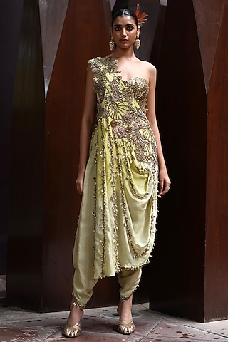 Cocoon & Yellow Zari Tissue One-Shoulder Draped Cape Set  by MOLEDRO