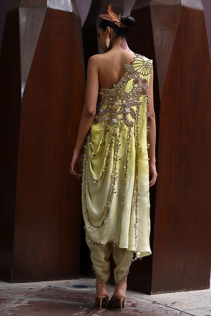Cocoon & Yellow Zari Tissue One-Shoulder Draped Cape Set  by MOLEDRO at Pernia's Pop Up Shop