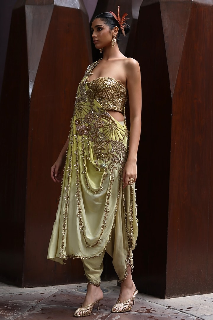 Cocoon & Yellow Zari Tissue One-Shoulder Draped Cape Set  by MOLEDRO at Pernia's Pop Up Shop