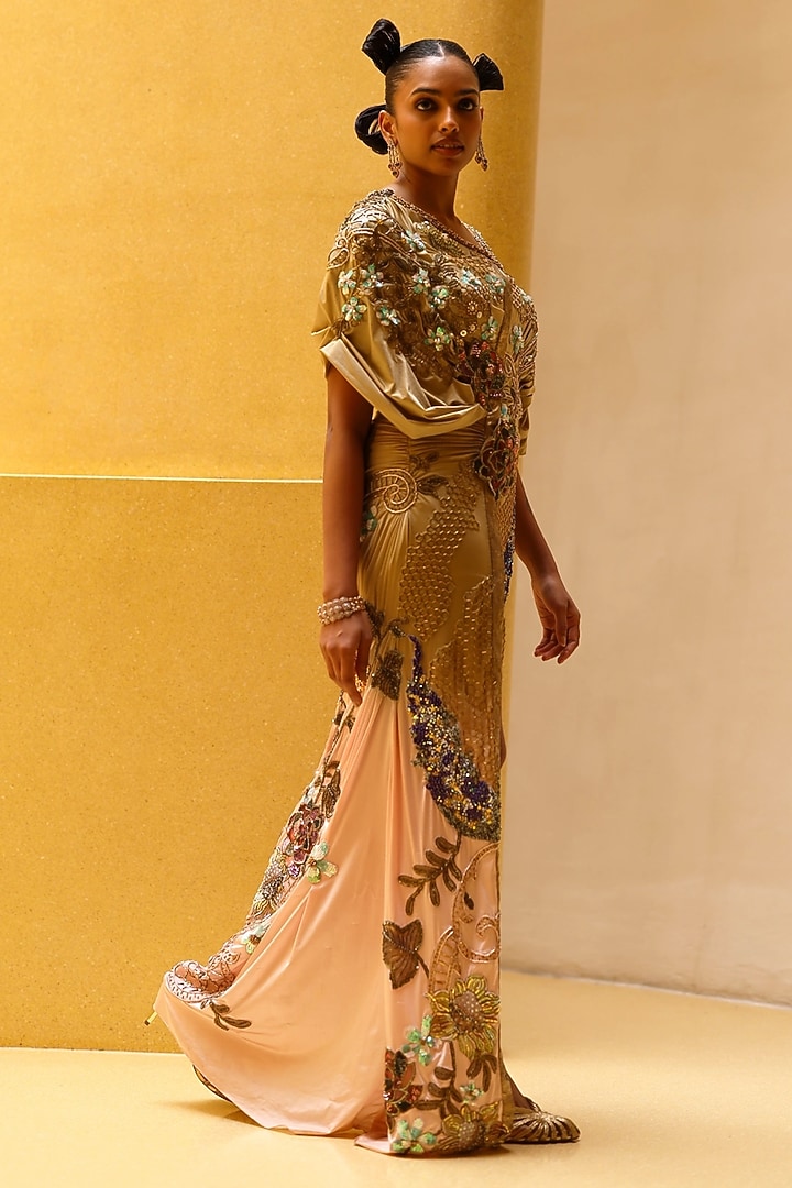 Cocoon & Peppermint Pink Shimmer Lycra Draped Kaftan Party Wear Dress by MOLEDRO at Pernia's Pop Up Shop