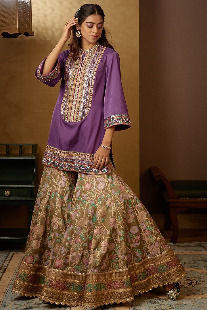 Olive Floral Printed Wedding Sharara Set by MOLEDRO at Pernia's Pop Up Shop