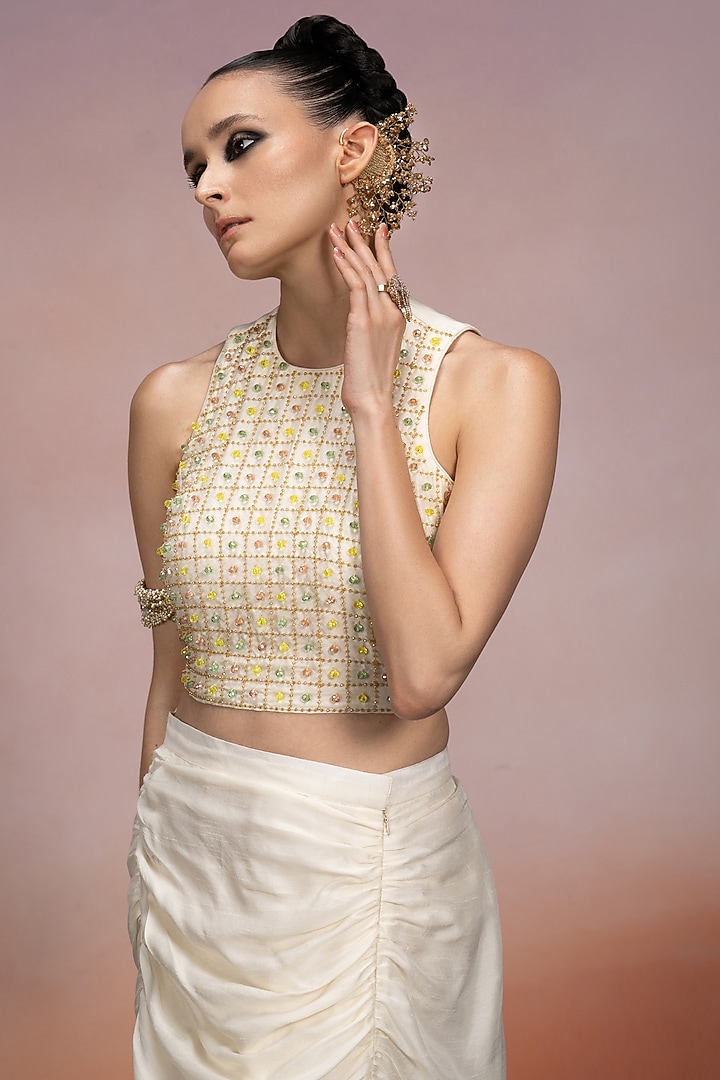 Ivory Dupion Silk Pencil Skirt Set by Mona & Vishu at Pernia's Pop Up Shop