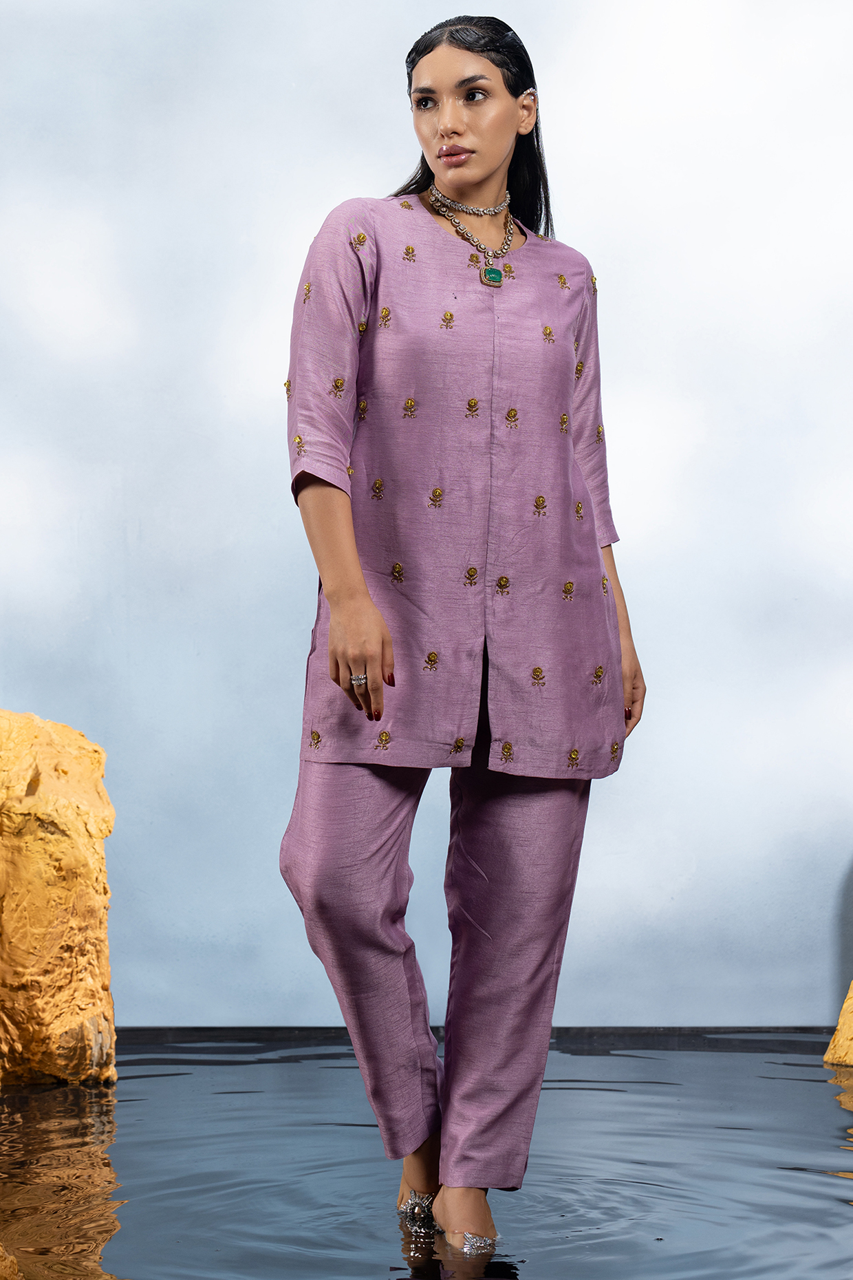 Lilac Dupion Silk Crystal Embroidered Tunic Set by Mona & Vishu at Pernia's Pop Up Shop