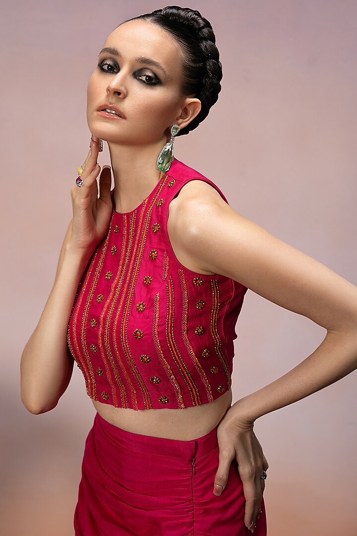 Magenta Dupion Silk Pencil Skirt Set by Mona & Vishu at Pernia's Pop Up Shop