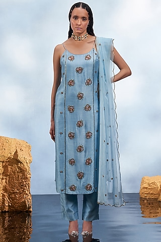 Powder Blue Dupion Silk Crystal Embroidered Kurta Set by Mona & Vishu