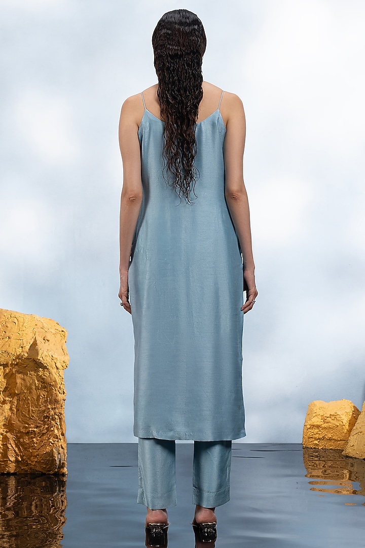 Powder Blue Dupion Silk Crystal Embroidered Kurta Set by Mona & Vishu at Pernia's Pop Up Shop