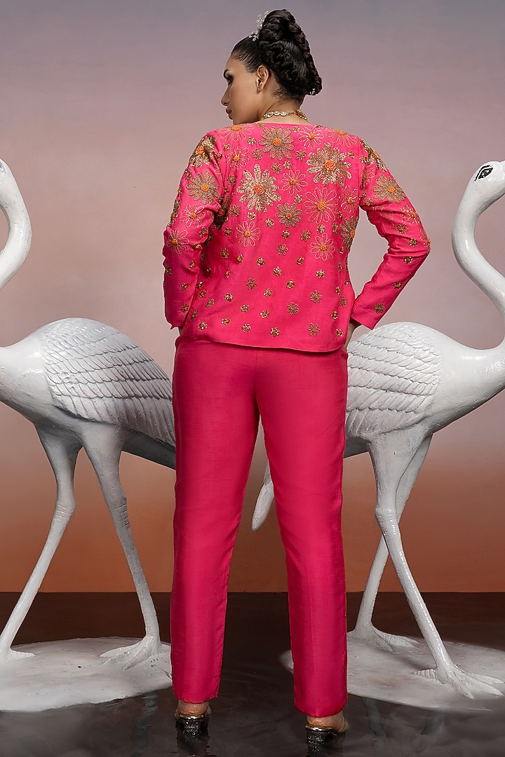 Neon Pink Dupion Silk Crystal Embroidered Blazer Set by Mona & Vishu at Pernia's Pop Up Shop