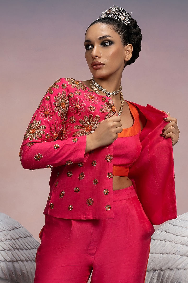 Neon Pink Dupion Silk Crystal Embroidered Blazer Set by Mona & Vishu at Pernia's Pop Up Shop