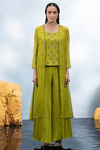 Lime Green Soft Organza Jacket Set by Mona & Vishu