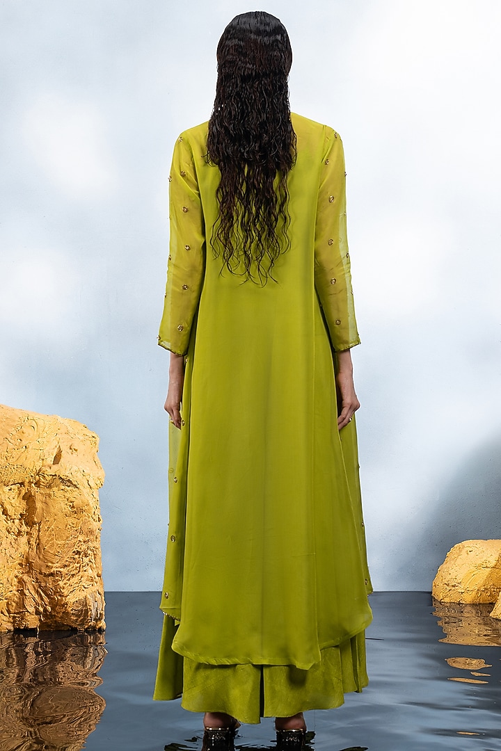 Lime Green Soft Organza Jacket Set by Mona & Vishu at Pernia's Pop Up Shop