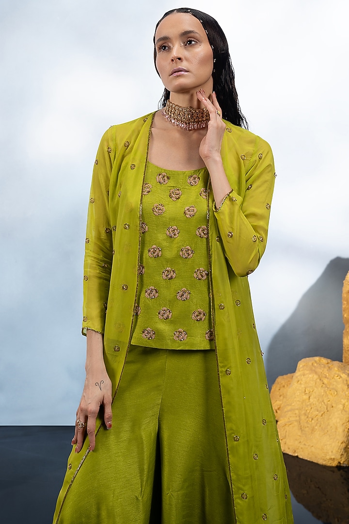 Lime Green Soft Organza Jacket Set by Mona & Vishu at Pernia's Pop Up Shop