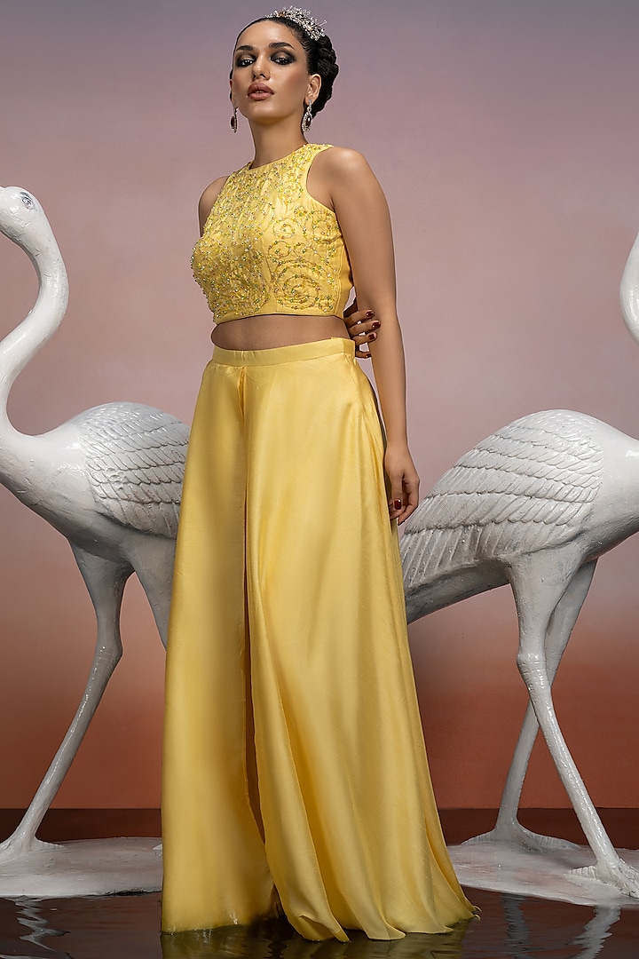 Pale Yellow Dupion Silk Crystal Embroidered Co-Ord Set by Mona & Vishu at Pernia's Pop Up Shop