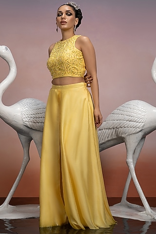 Pale Yellow Dupion Silk Crystal Embroidered Co-Ord Set by Mona & Vishu