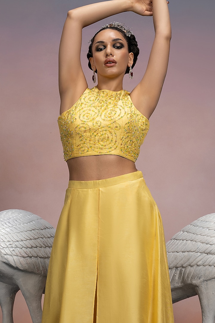 Pale Yellow Dupion Silk Crystal Embroidered Co-Ord Set by Mona & Vishu at Pernia's Pop Up Shop