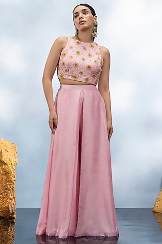 Rose Pink Dupion Silk Crystal Embellished Co-Ord Set by Mona & Vishu