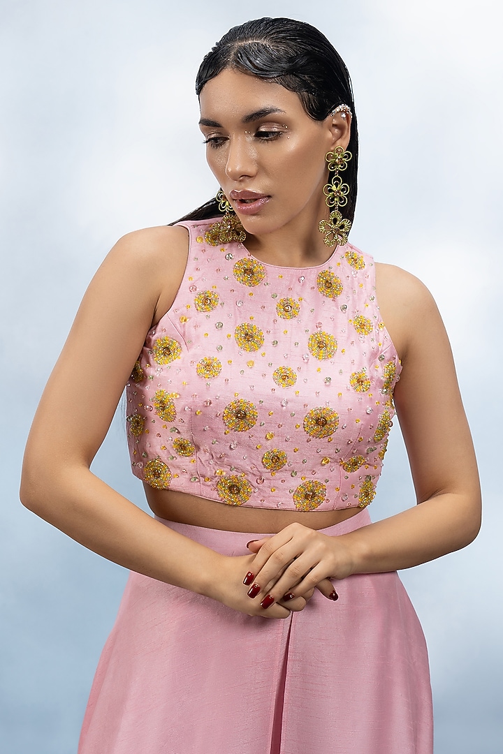 Rose Pink Dupion Silk Crystal Embellished Co-Ord Set by Mona & Vishu at Pernia's Pop Up Shop