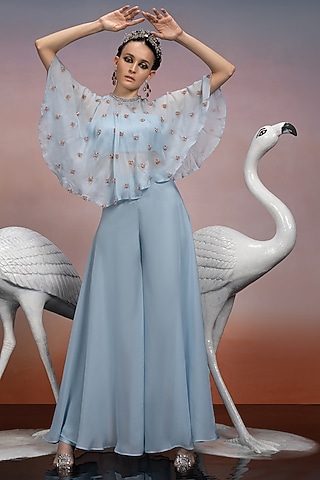 Powder Blue Soft Organza & Dupion Silk Crystal Embroidered Co-Ord Set by Mona & Vishu