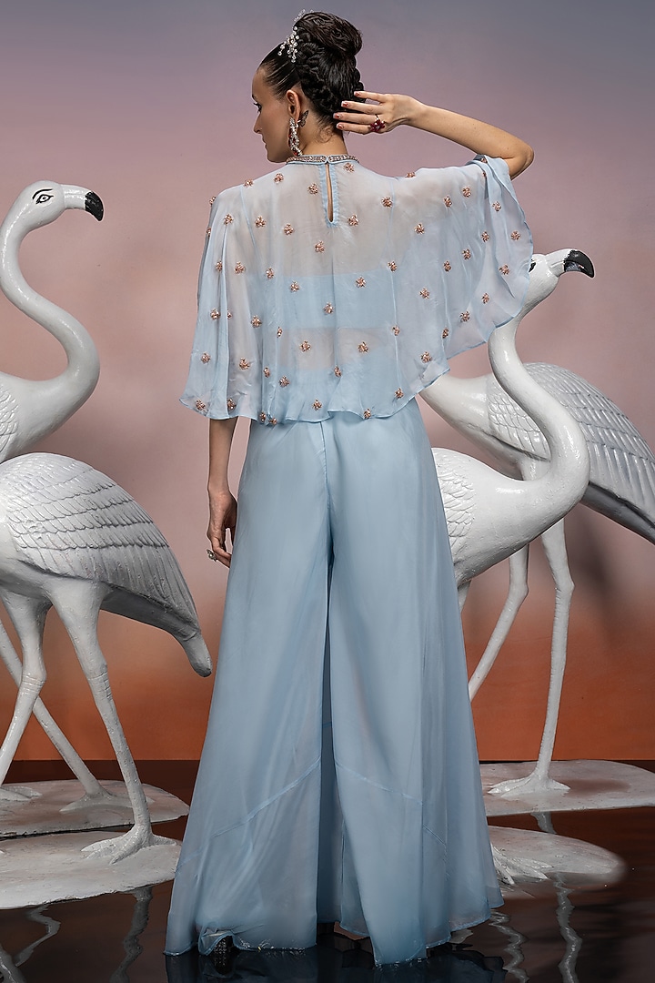 Powder Blue Soft Organza & Dupion Silk Crystal Embroidered Co-Ord Set by Mona & Vishu at Pernia's Pop Up Shop