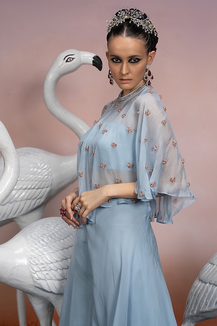 Powder Blue Soft Organza & Dupion Silk Crystal Embroidered Co-Ord Set by Mona & Vishu at Pernia's Pop Up Shop