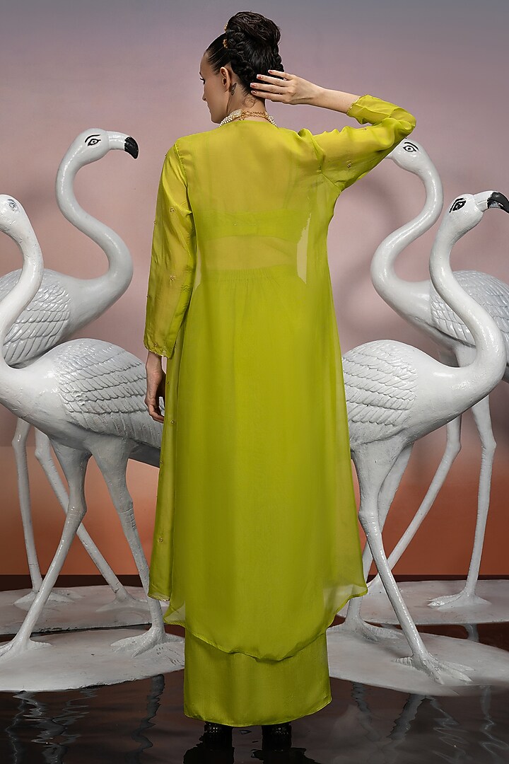Lime Green Soft Organza Jacket Set by Mona & Vishu at Pernia's Pop Up Shop