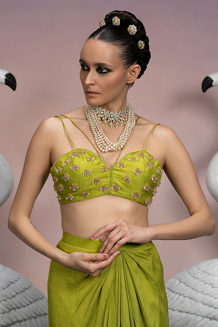 Lime Green Soft Organza Jacket Set by Mona & Vishu at Pernia's Pop Up Shop