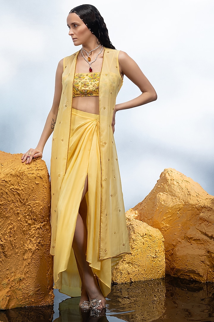 Canary Yellow Dupion Silk Skirt Set by Mona & Vishu at Pernia's Pop Up Shop