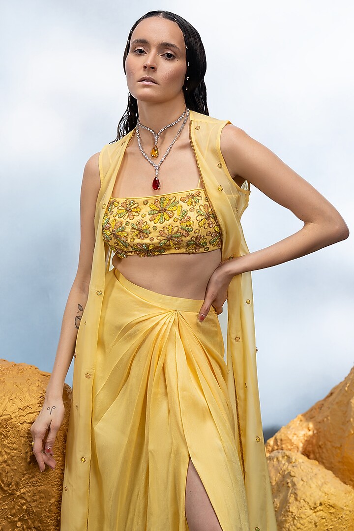Canary Yellow Dupion Silk Skirt Set by Mona & Vishu at Pernia's Pop Up Shop