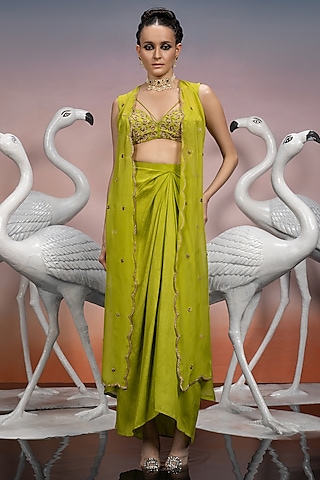 Lime Green Dupion Silk Skirt Set by Mona & Vishu