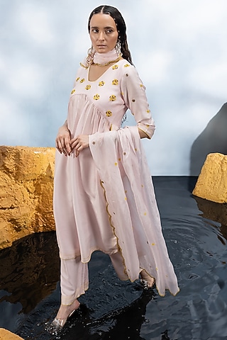 Pastel Pink Dupion Silk Crystal Embroidered Kurta Set by Mona & Vishu