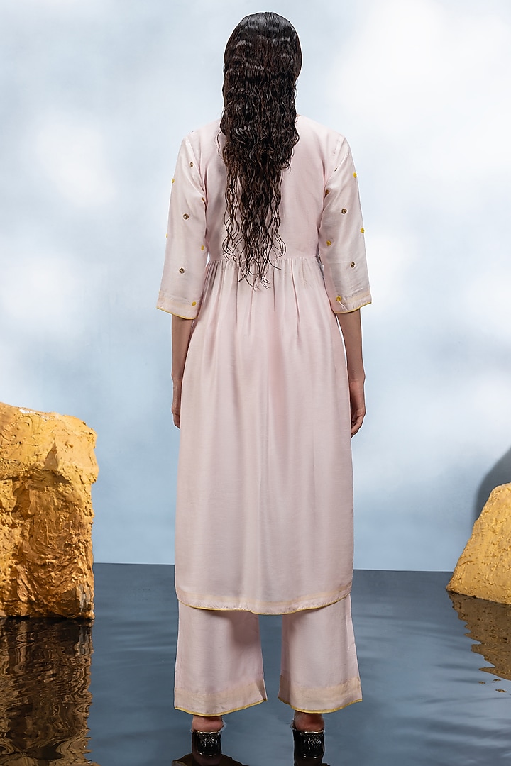 Pastel Pink Dupion Silk Crystal Embroidered Kurta Set by Mona & Vishu at Pernia's Pop Up Shop