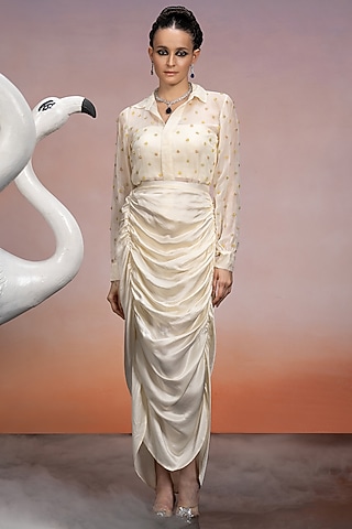 Ivory Tussar Satin Pencil Skirt Set by Mona & Vishu
