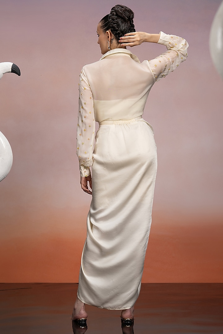 Ivory Tussar Satin Pencil Skirt Set by Mona & Vishu at Pernia's Pop Up Shop