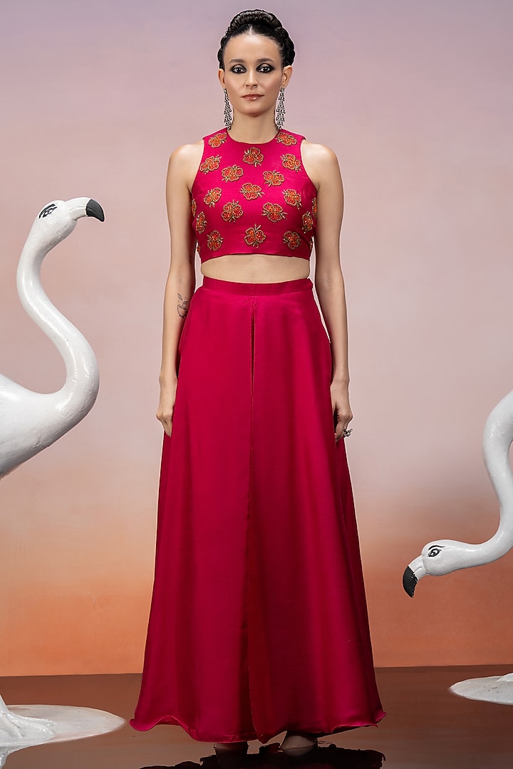 Hot Pink Dupion Silk Crystal Embroidered Co-Ord Set by Mona & Vishu at Pernia's Pop Up Shop