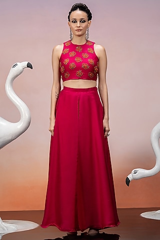 Hot Pink Dupion Silk Crystal Embroidered Co-Ord Set by Mona & Vishu