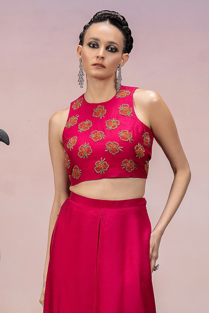 Hot Pink Dupion Silk Crystal Embroidered Co-Ord Set by Mona & Vishu at Pernia's Pop Up Shop