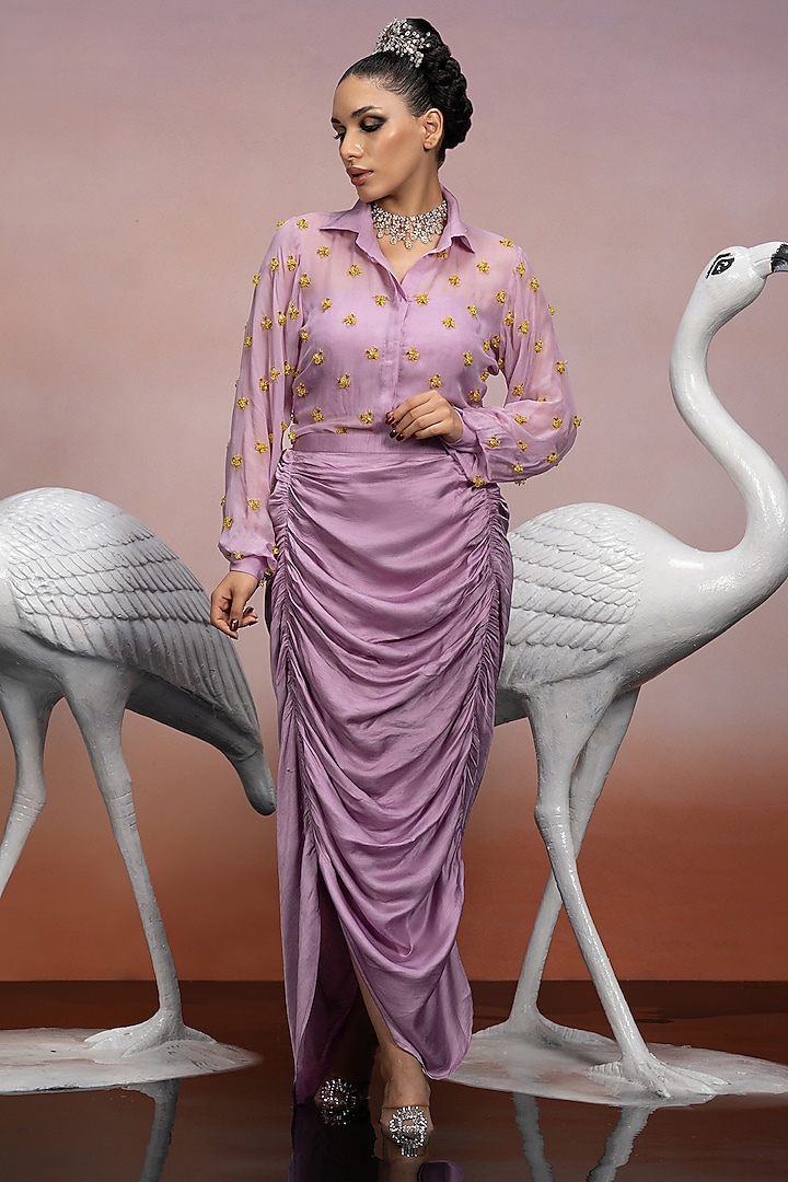 Lilac Dupion Silk Skirt Set by Mona & Vishu