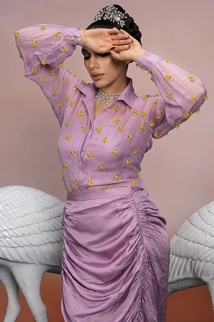 Lilac Dupion Silk Skirt Set by Mona & Vishu at Pernia's Pop Up Shop