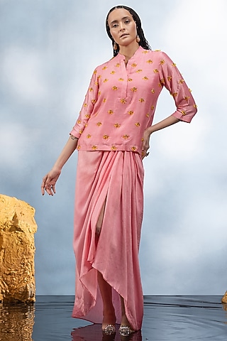 Rose Pink Dupion Silk Skirt Set by Mona & Vishu