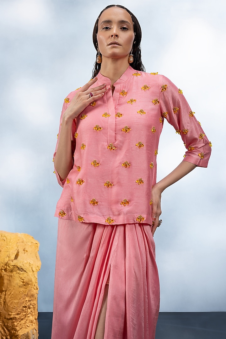 Rose Pink Dupion Silk Skirt Set by Mona & Vishu at Pernia's Pop Up Shop