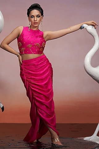 Hot Pink Dupion Silk Pencil Skirt Set by Mona & Vishu