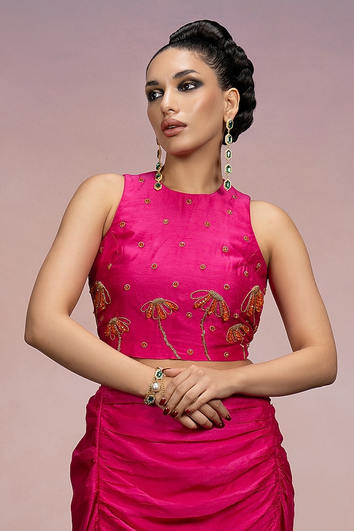Hot Pink Dupion Silk Pencil Skirt Set by Mona & Vishu at Pernia's Pop Up Shop