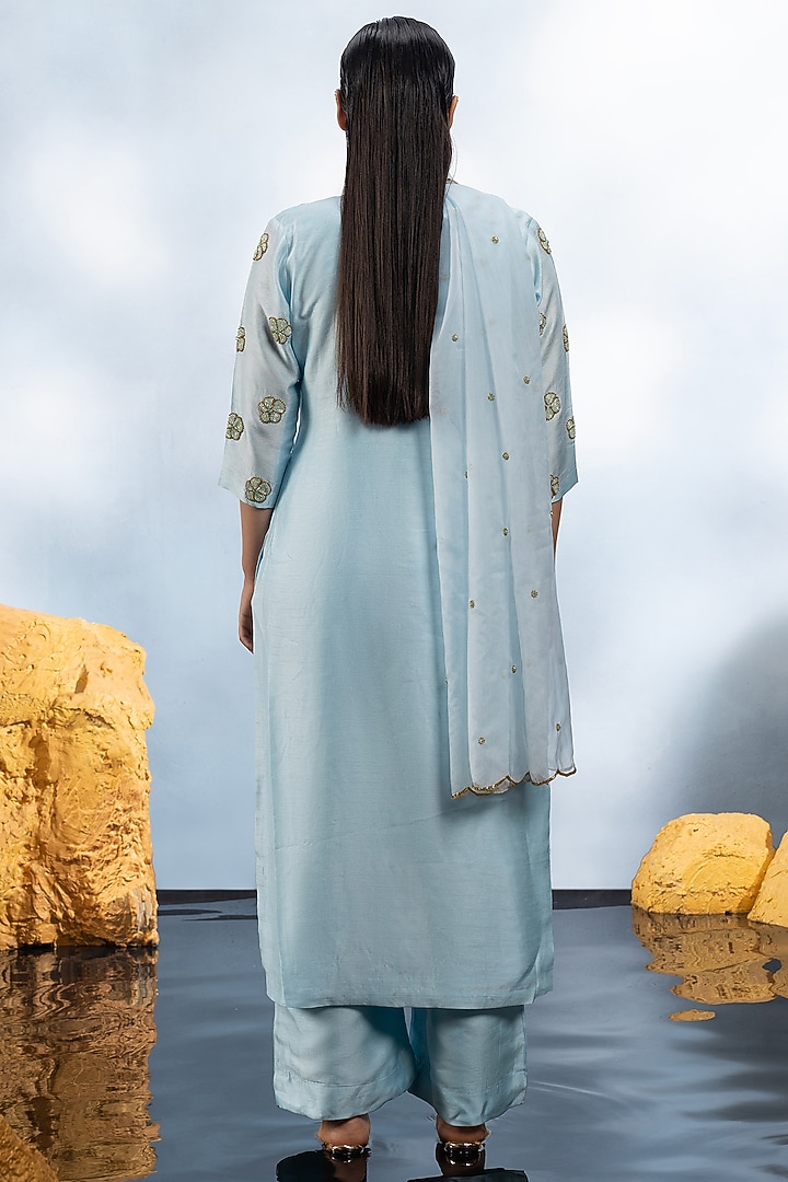 Powder Blue Dupion Silk Crystal Embroidered Straight Kurta Set by Mona & Vishu at Pernia's Pop Up Shop