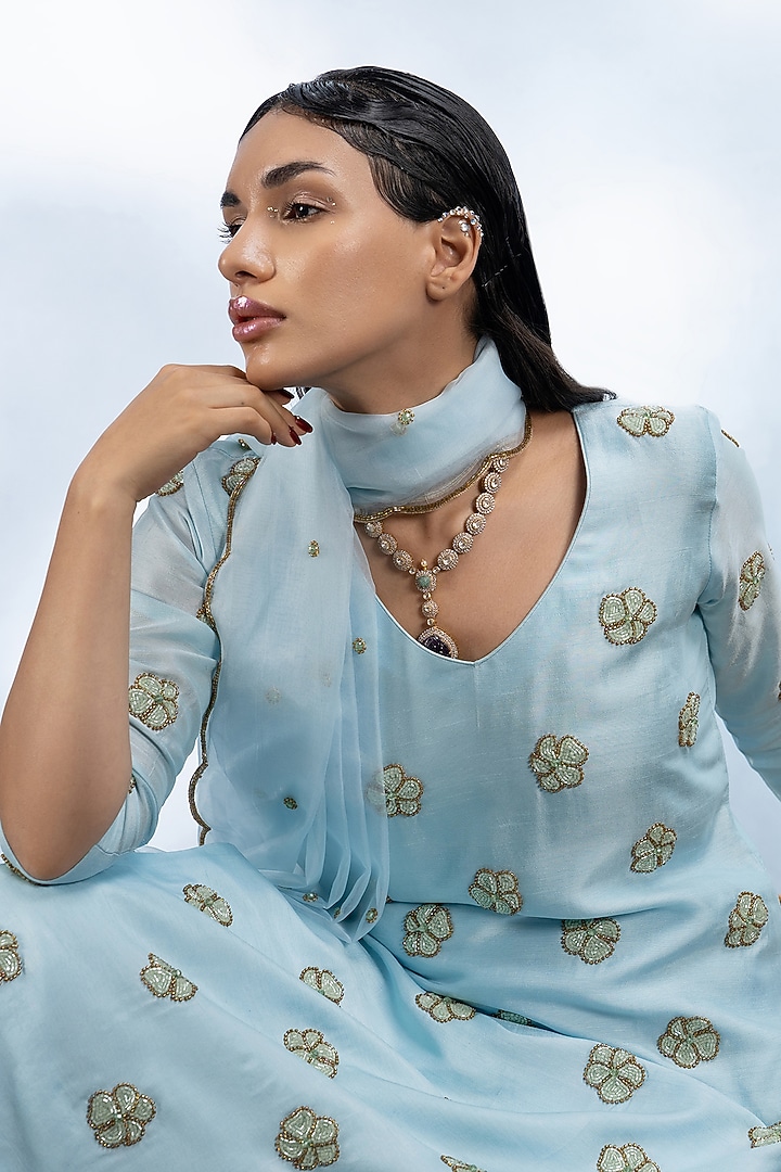 Powder Blue Dupion Silk Crystal Embroidered Straight Kurta Set by Mona & Vishu at Pernia's Pop Up Shop