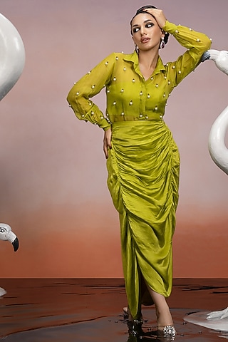 Lime Green Tussar Satin Skirt Set by Mona & Vishu