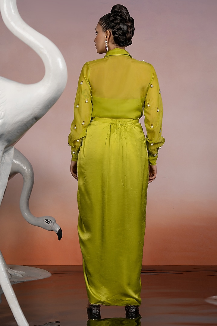 Lime Green Tussar Satin Skirt Set by Mona & Vishu at Pernia's Pop Up Shop