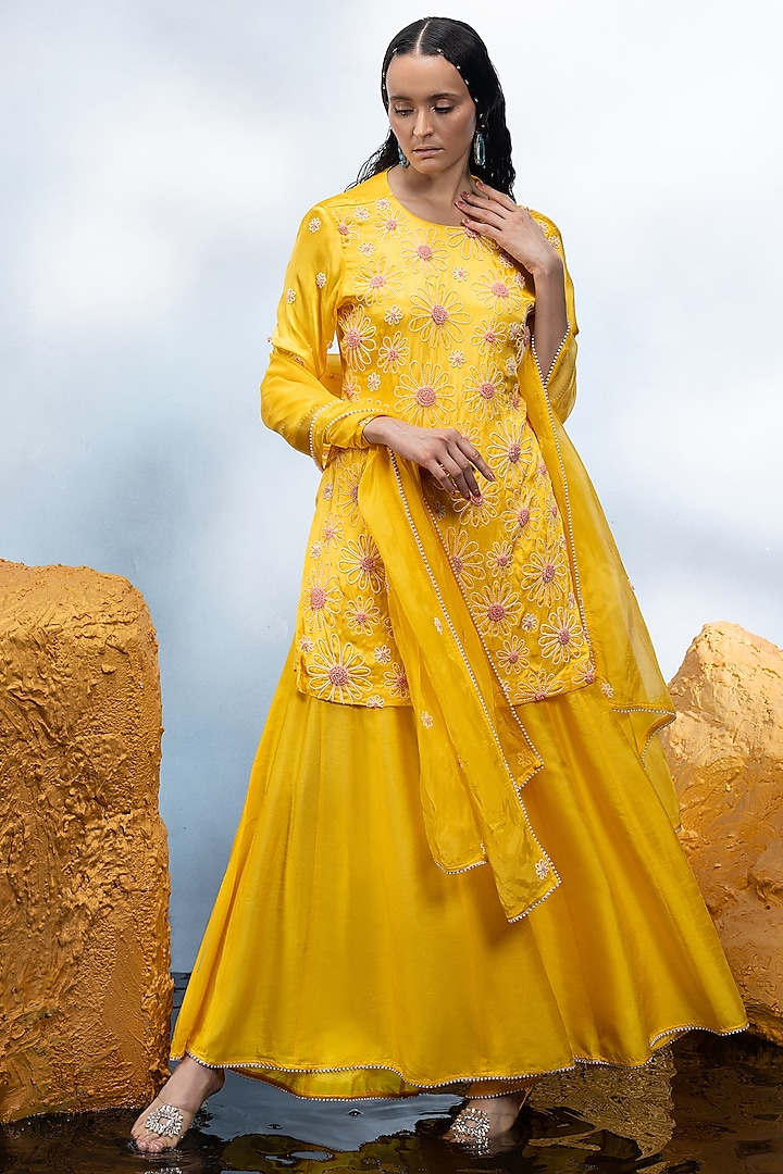 Yellow Dupion Silk Tiered Sharara Set by Mona & Vishu